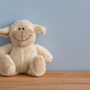 A cuddly plush sheep toy with a big smile sits on a wooden surface against a light blue wall.